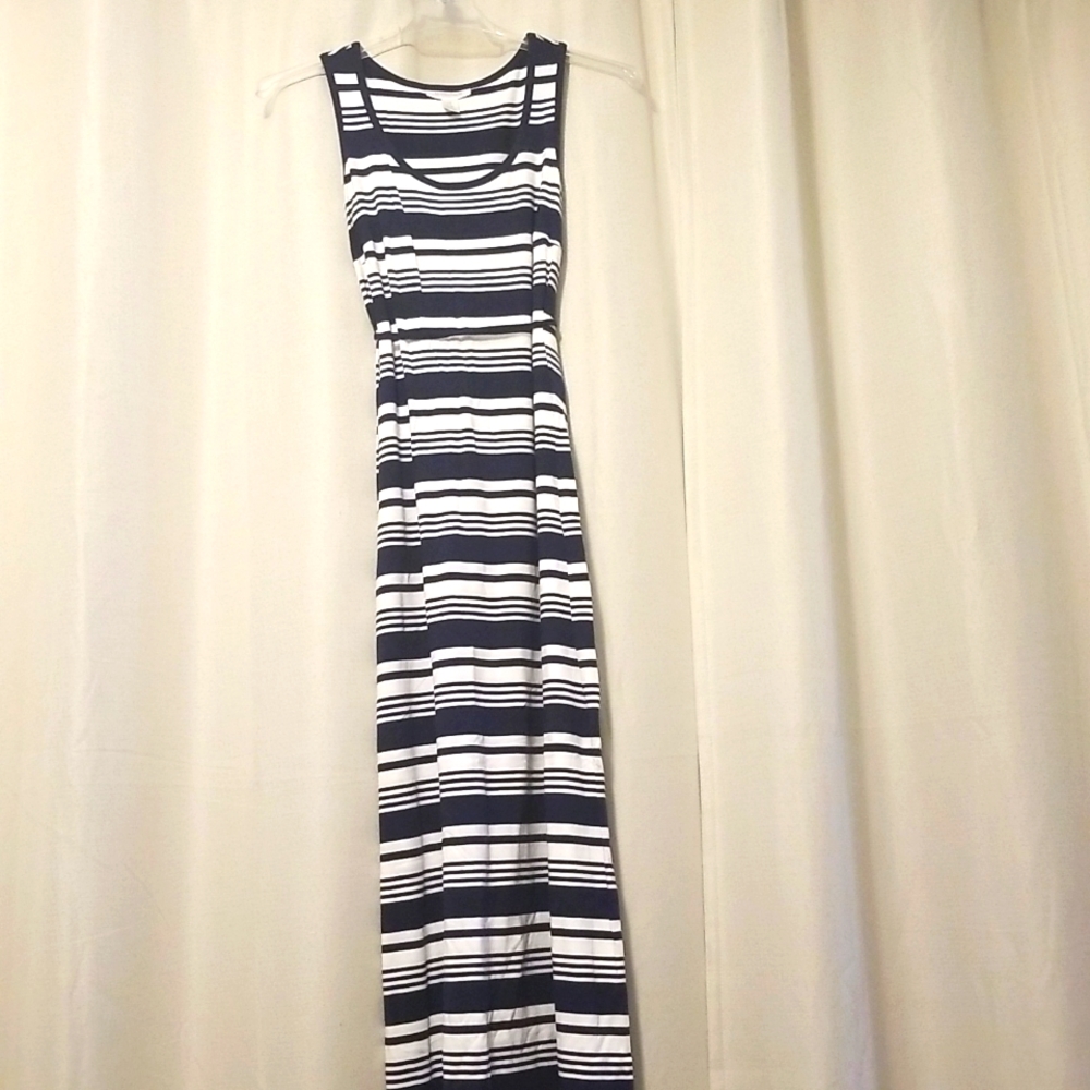 Motherhood maternity jersey knit maxi dress navy and white striped size small